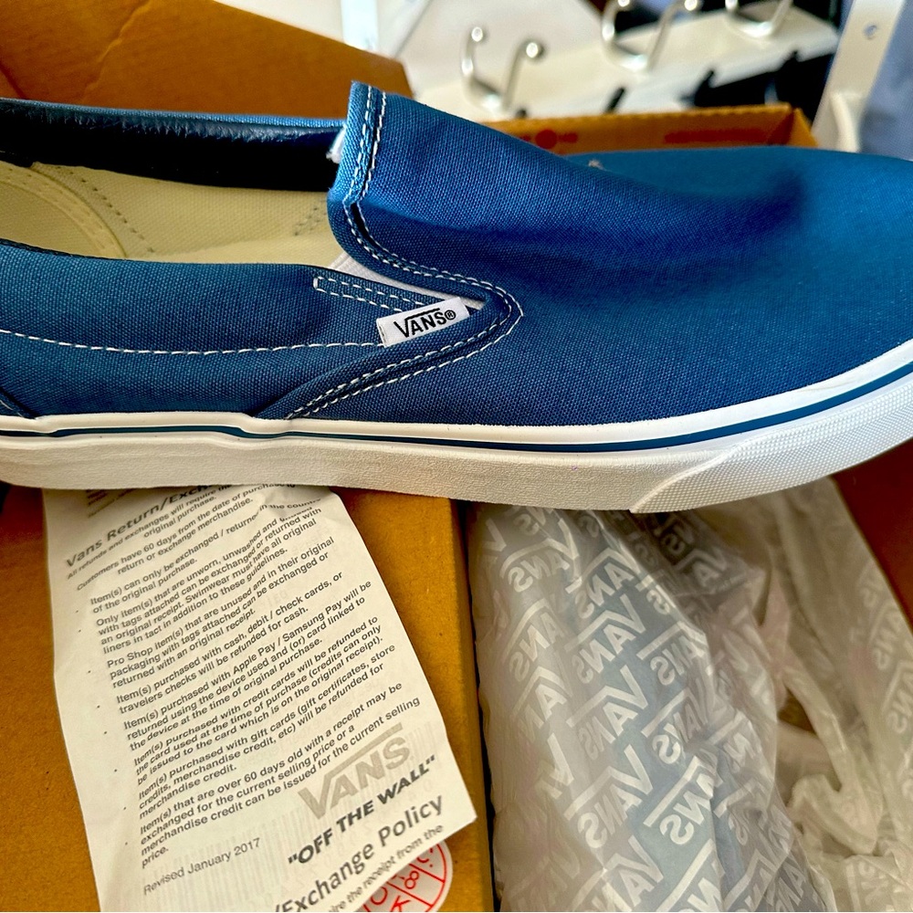Vans slip-on Blue 
Size 10.5 Men
Size 12 Women 

New never used